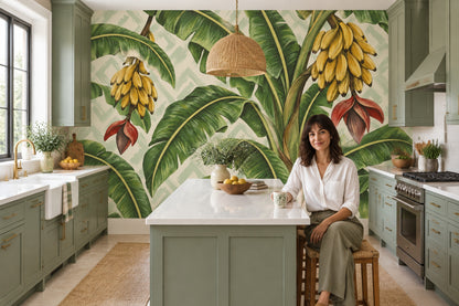 Banana Leaves And Bananas Wallpaper Painterly Tropical Wall Mural