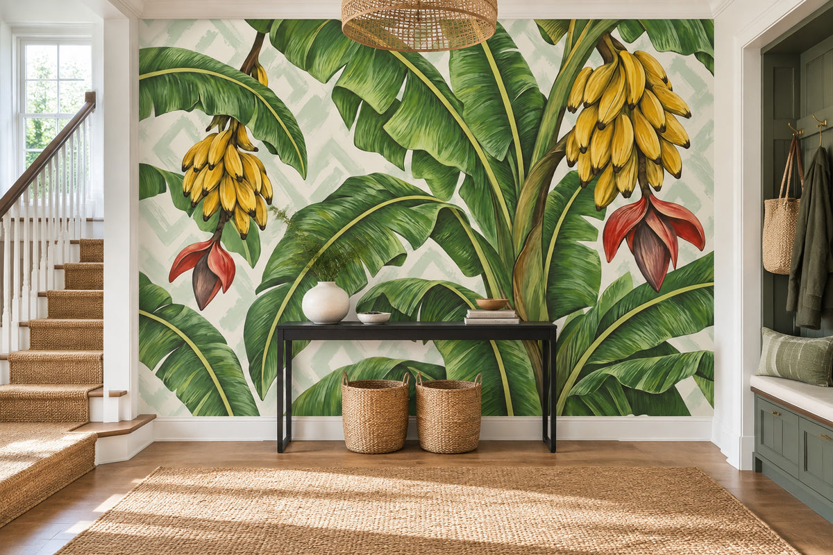 Banana Leaves And Bananas Wallpaper Painterly Tropical Wall Mural