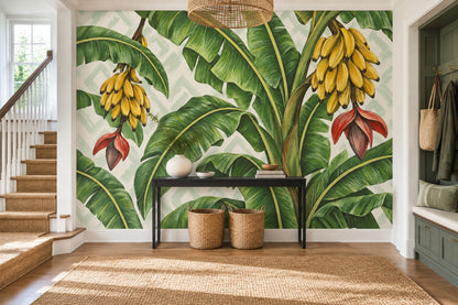 Banana Leaves And Bananas Wallpaper Painterly Tropical Wall Mural