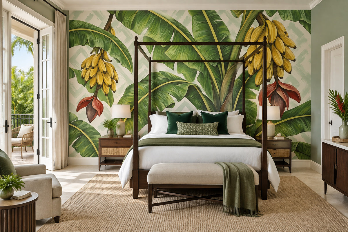 Banana Leaves And Bananas Wallpaper Painterly Tropical Wall Mural