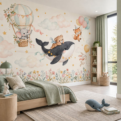 Hot Air Balloon Animals Wallpaper Watercolor Nursery Wall Mural