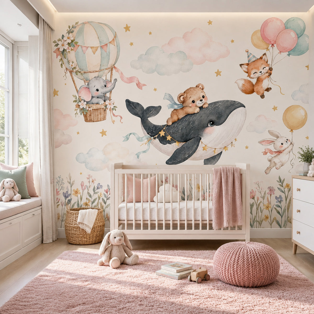 Hot Air Balloon Animals Wallpaper Watercolor Nursery Wall Mural