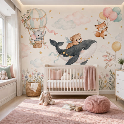 Hot Air Balloon Animals Wallpaper Watercolor Nursery Wall Mural