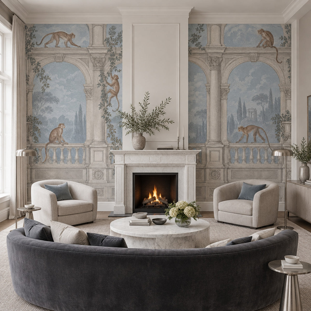 Monkeys Garden Terrace Wallpaper Classical Arches Wall Mural