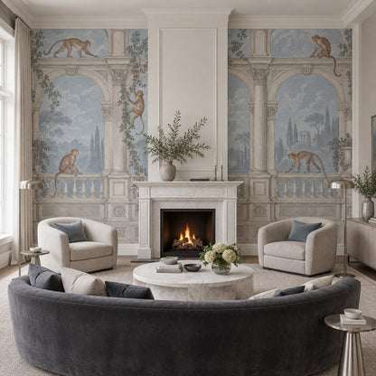 Monkeys Garden Terrace Wallpaper Classical Arches Wall Mural