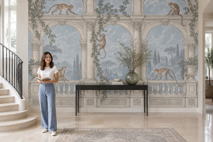 Monkeys Garden Terrace Wallpaper Classical Arches Wall Mural