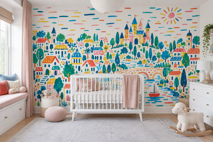 Fairytale Castle Village Wallpaper Watercolor Scene Wall Mural