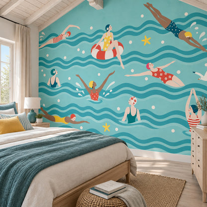 Retro Swimmers Wallpaper Teal Waves Wall Mural