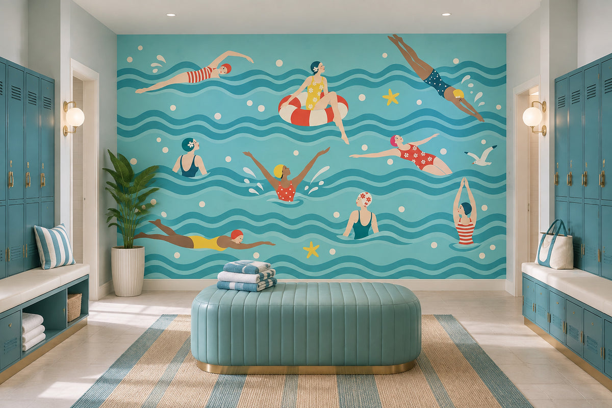 Retro Swimmers Wallpaper Teal Waves Wall Mural