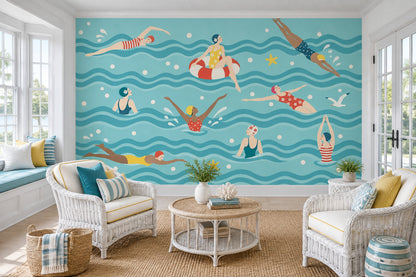 Retro Swimmers Wallpaper Teal Waves Wall Mural