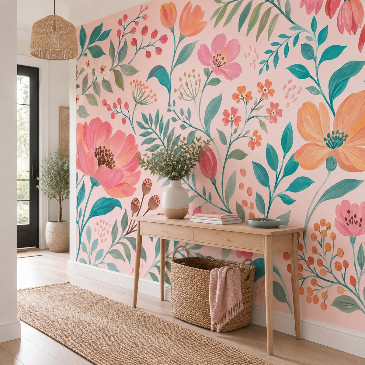 Watercolor Floral Wallpaper Muted Green Leaves Wall Mural