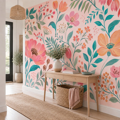 Watercolor Floral Wallpaper Muted Green Leaves Wall Mural