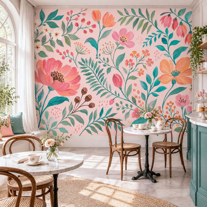 Watercolor Floral Wallpaper Muted Green Leaves Wall Mural