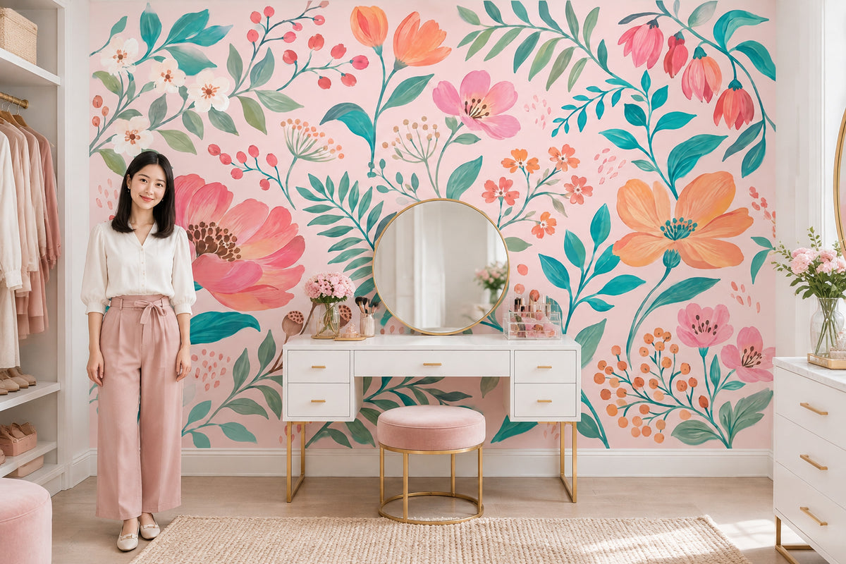 Watercolor Floral Wallpaper Muted Green Leaves Wall Mural