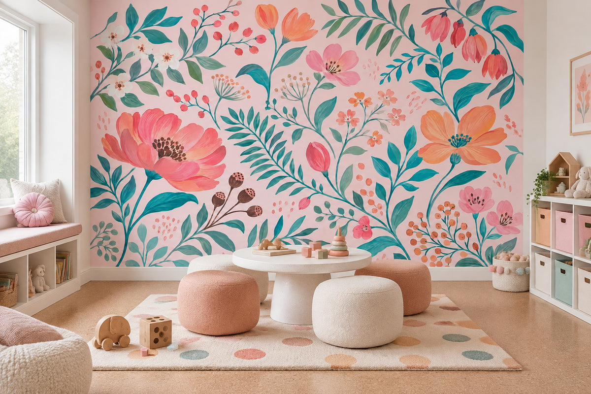 Watercolor Floral Wallpaper Muted Green Leaves Wall Mural