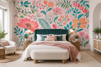 Watercolor Floral Wallpaper Muted Green Leaves Wall Mural