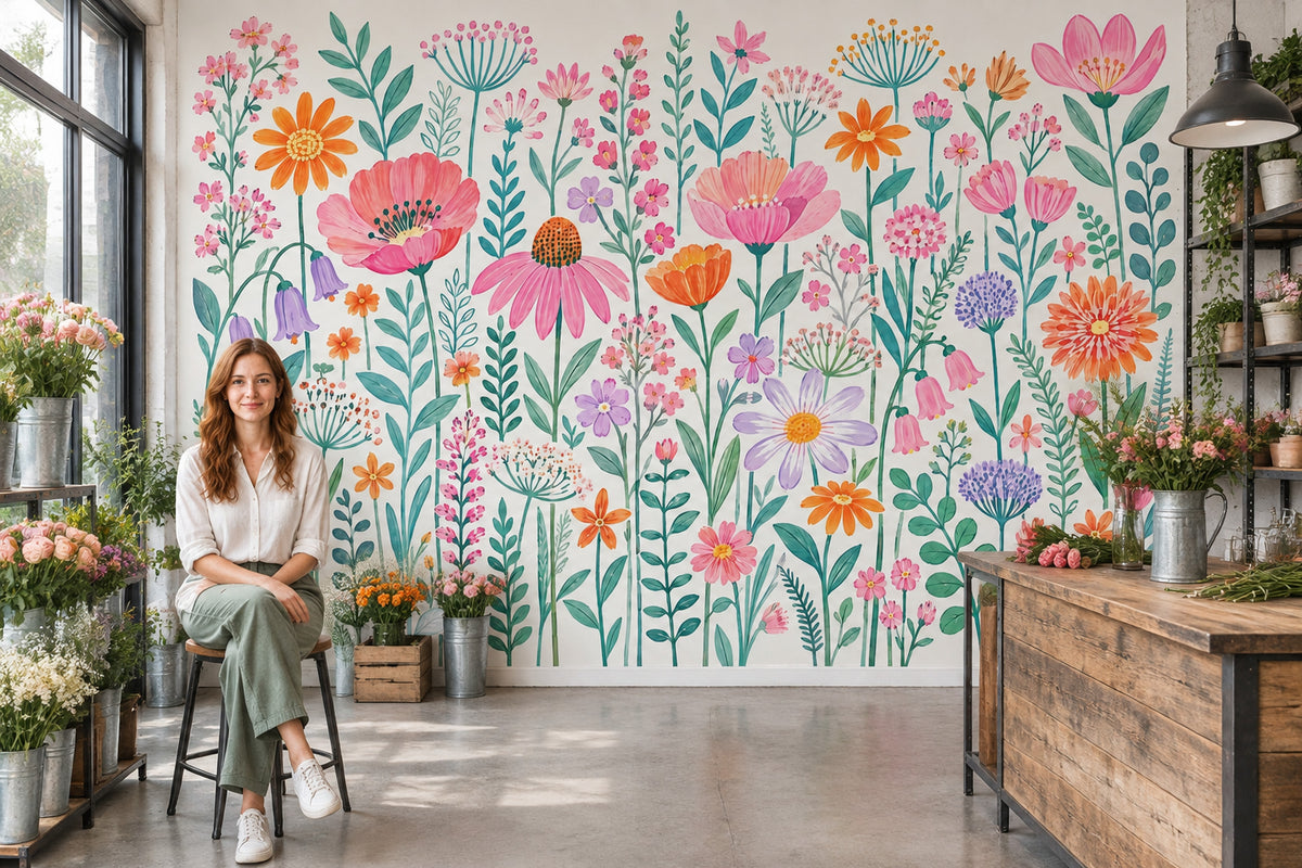 Watercolor Wildflowers Wallpaper White Background Botanical Wall Mural
