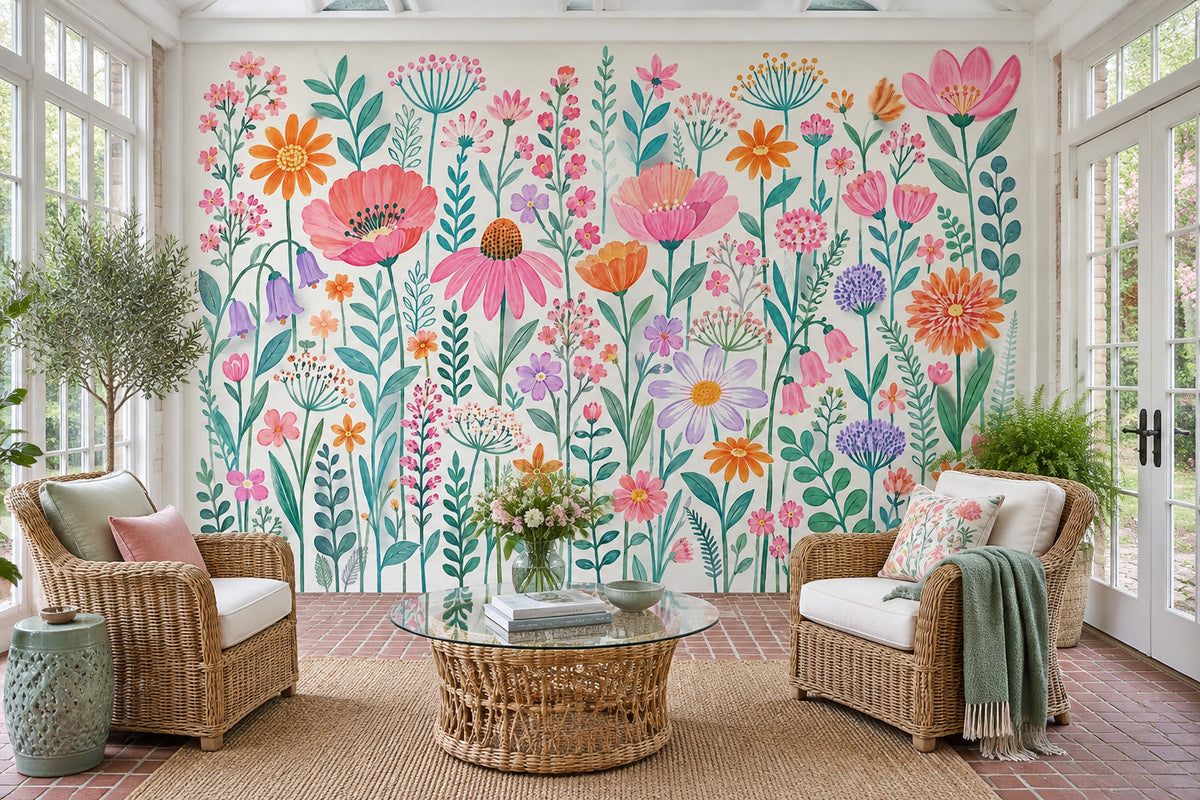 Watercolor Wildflowers Wallpaper White Background Botanical Wall Mural