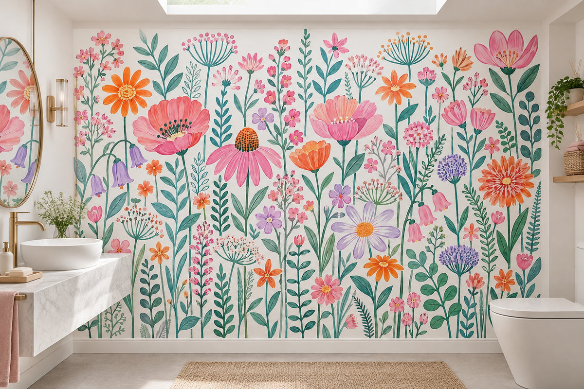 Watercolor Wildflowers Wallpaper White Background Botanical Wall Mural
