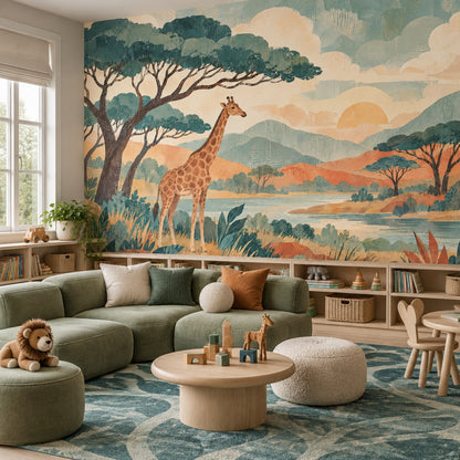 Giraffe Safari Landscape Wallpaper Vintage Sunset Wall Mural