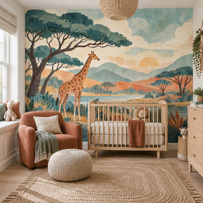 Giraffe Safari Landscape Wallpaper Vintage Sunset Wall Mural