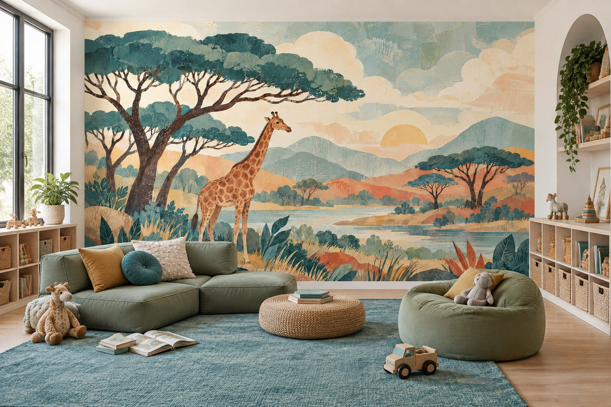 Giraffe Safari Landscape Wallpaper Vintage Sunset Wall Mural