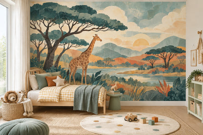 Giraffe Safari Landscape Wallpaper Vintage Sunset Wall Mural