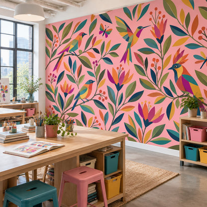 Tropical Birds Wallpaper Pink Botanical Wall Mural
