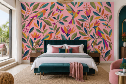 Tropical Birds Wallpaper Pink Botanical Wall Mural