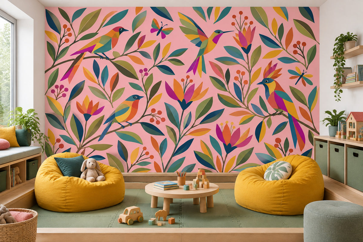 Tropical Birds Wallpaper Pink Botanical Wall Mural