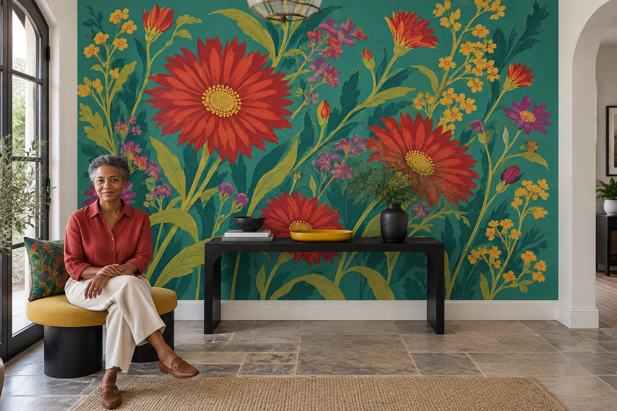 Red Gerbera Floral Wallpaper Dark Botanical Wall Mural