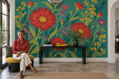 Red Gerbera Floral Wallpaper Dark Botanical Wall Mural