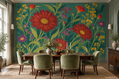 Red Gerbera Floral Wallpaper Dark Botanical Wall Mural