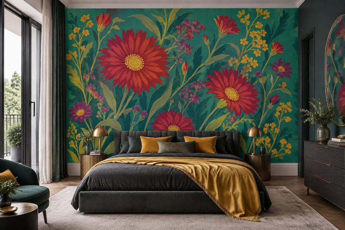 Red Gerbera Floral Wallpaper Dark Botanical Wall Mural
