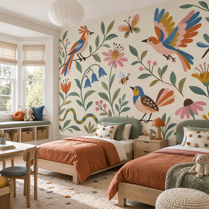 Whimsical Birds And Floral Wallpaper Folk Art Garden Wall Mural