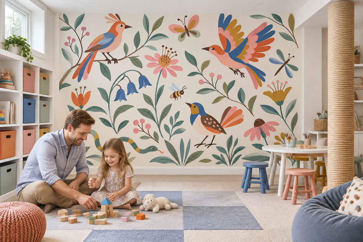 Whimsical Birds And Floral Wallpaper Folk Art Garden Wall Mural