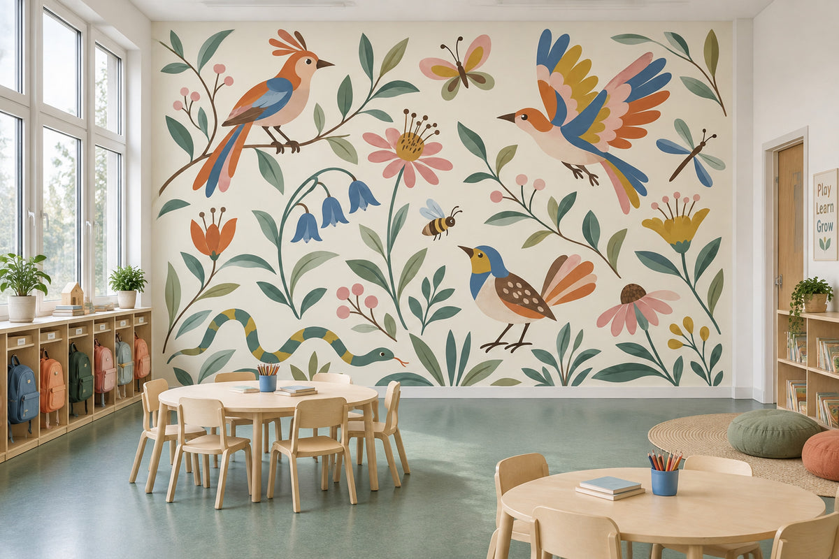 Whimsical Birds And Floral Wallpaper Folk Art Garden Wall Mural