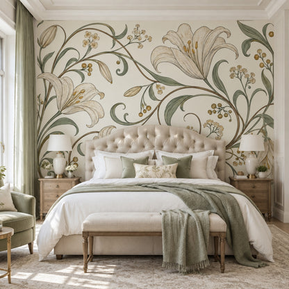 Vintage Lilies Wallpaper Ivory Botanical Wall Mural
