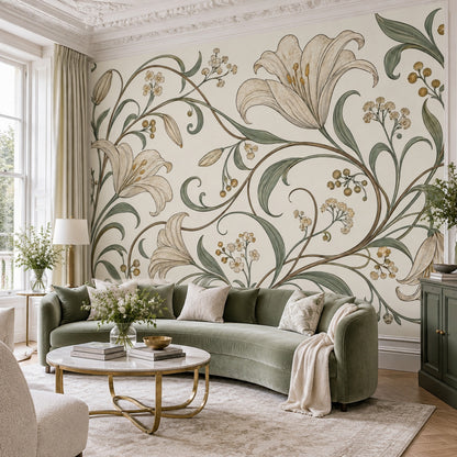 Vintage Lilies Wallpaper Ivory Botanical Wall Mural