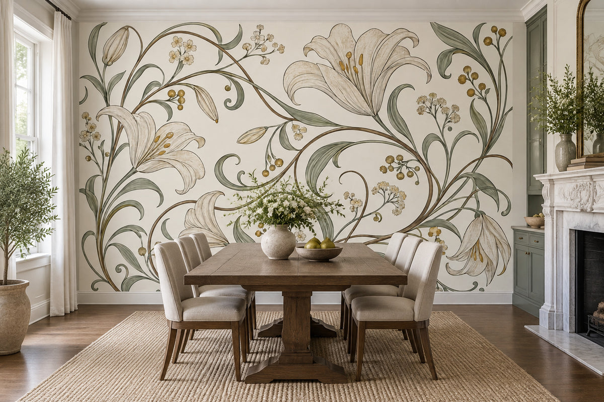 Vintage Lilies Wallpaper Ivory Botanical Wall Mural