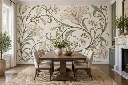 Vintage Lilies Wallpaper Ivory Botanical Wall Mural