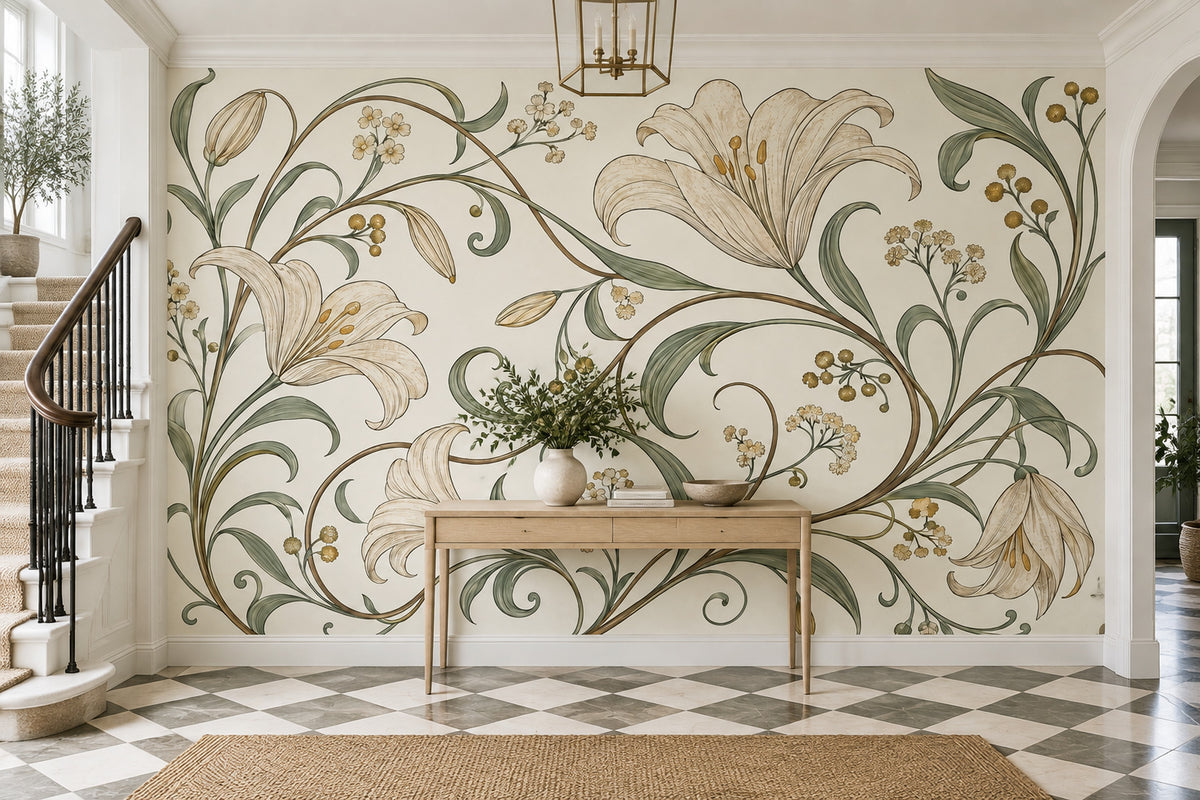 Vintage Lilies Wallpaper Ivory Botanical Wall Mural