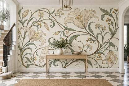 Vintage Lilies Wallpaper Ivory Botanical Wall Mural