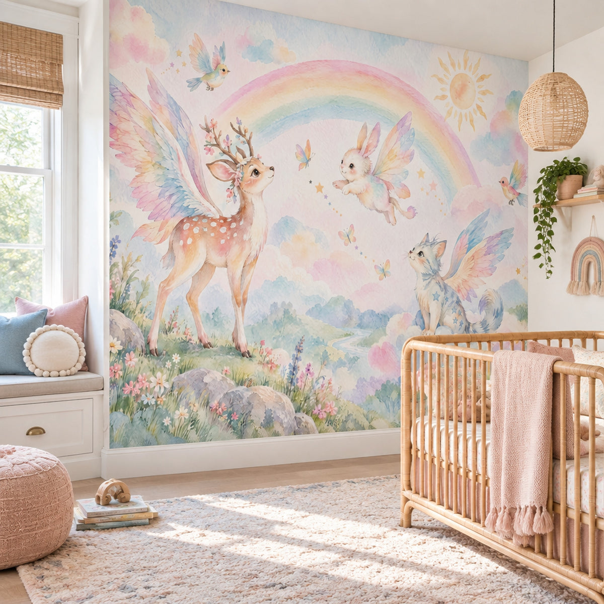 Winged Animals Rainbow Wallpaper Watercolor Nursery Wall Mural