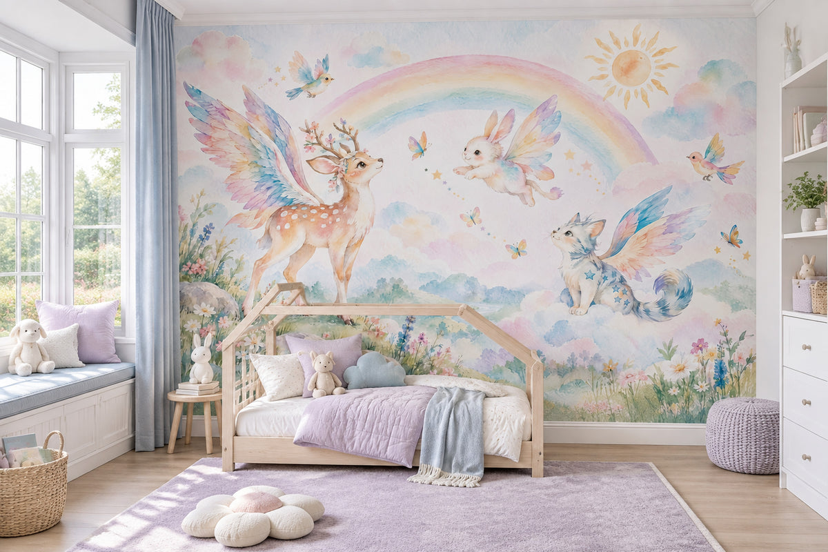Winged Animals Rainbow Wallpaper Watercolor Nursery Wall Mural