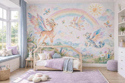 Winged Animals Rainbow Wallpaper Watercolor Nursery Wall Mural
