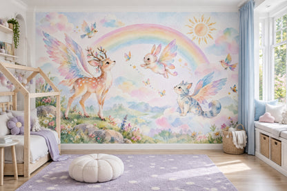 Winged Animals Rainbow Wallpaper Watercolor Nursery Wall Mural