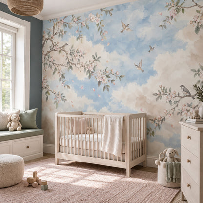 Blossoming Branches And Birds Wallpaper Watercolor Sky Wall Mural