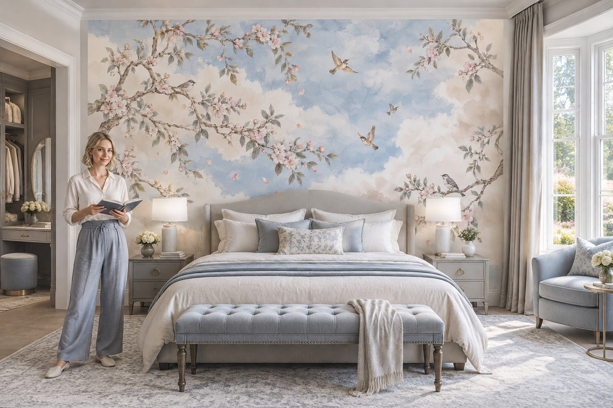 Blossoming Branches And Birds Wallpaper Watercolor Sky Wall Mural