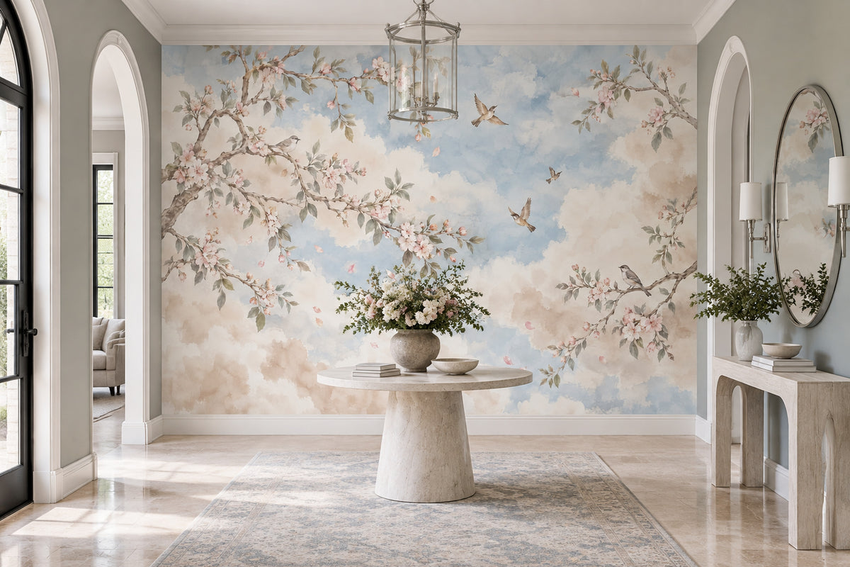 Blossoming Branches And Birds Wallpaper Watercolor Sky Wall Mural